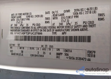 2015 Ford Escape S z USA, uszkodzony, nr VIN 1FMCU0F72FUC27886